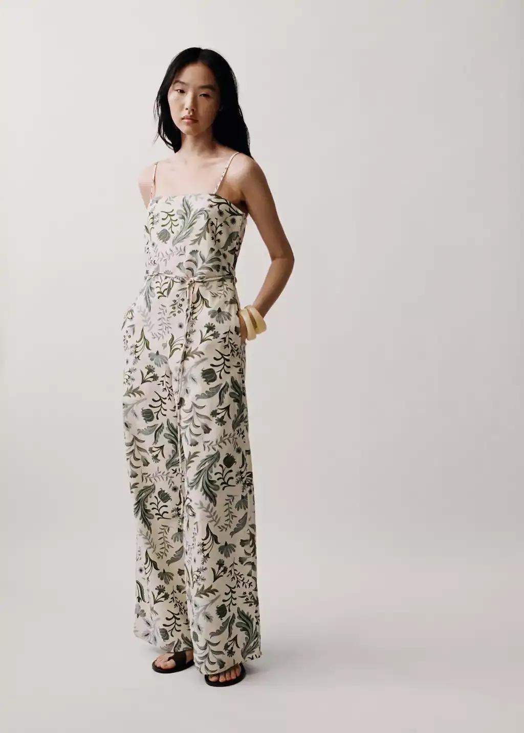 Beige Printed Jumpsuit With Bow, , large image number 4