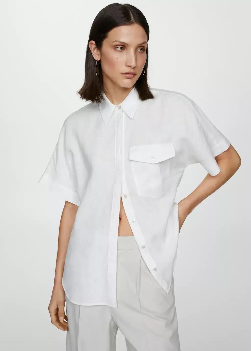 White Pocket Linen Shirt, , medium