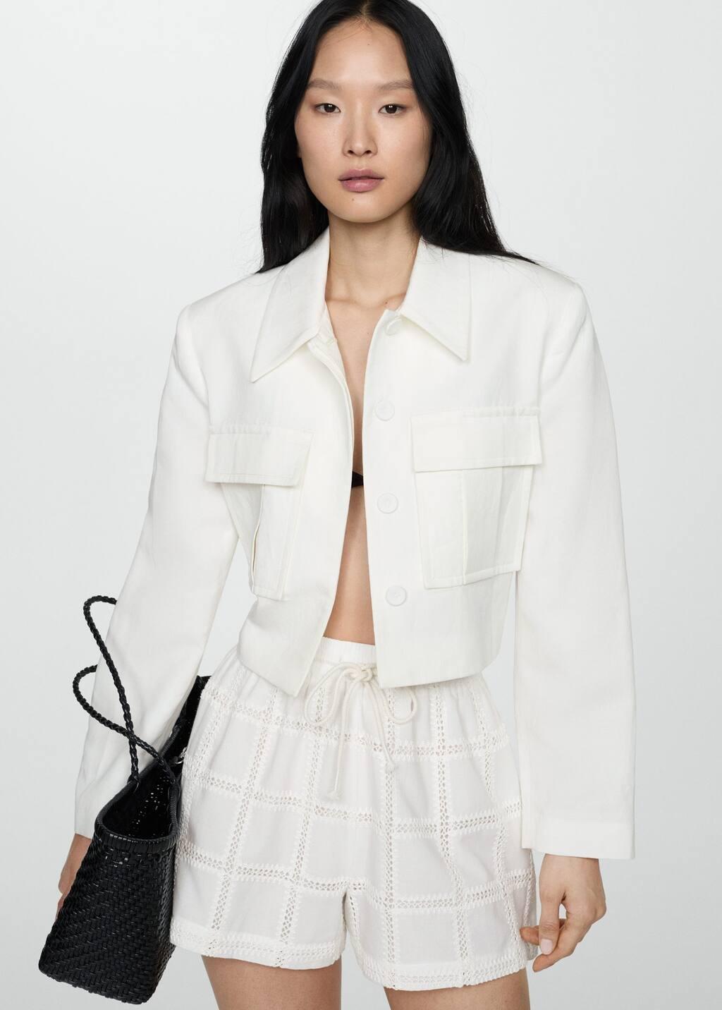 White Embroidered Shorts With Bow, , large image number 1