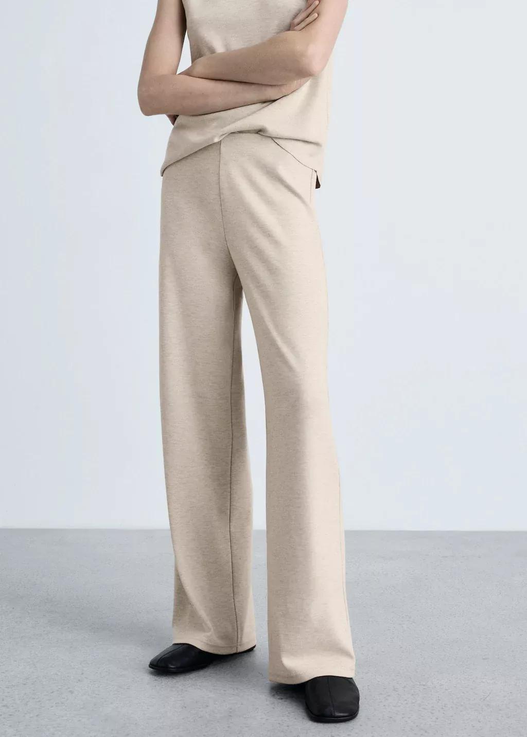 Beige Fine-Knit Wide Leg Trousers, , large image number 0