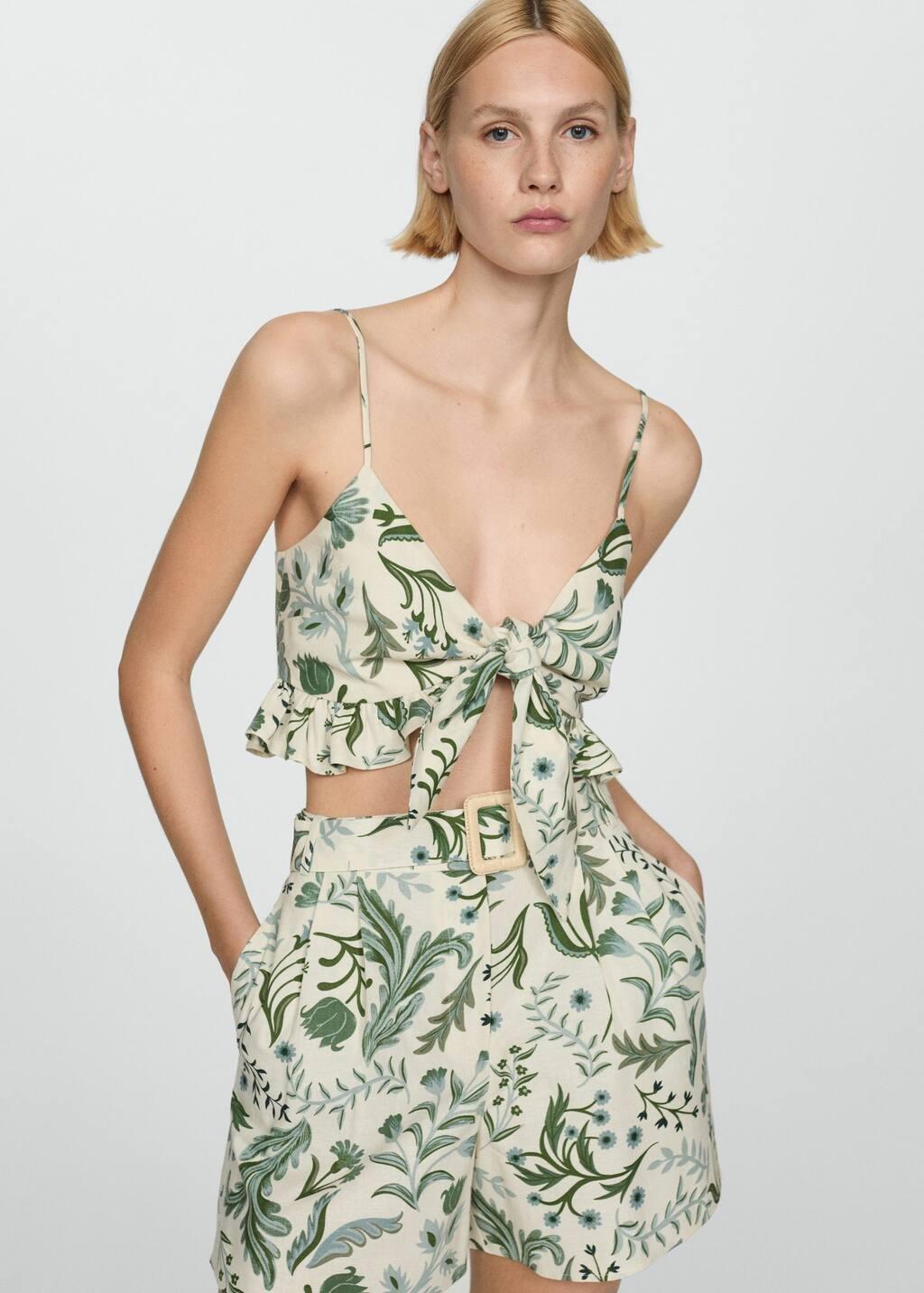 Beige Printed Crop Top With Bow, , large image number 0