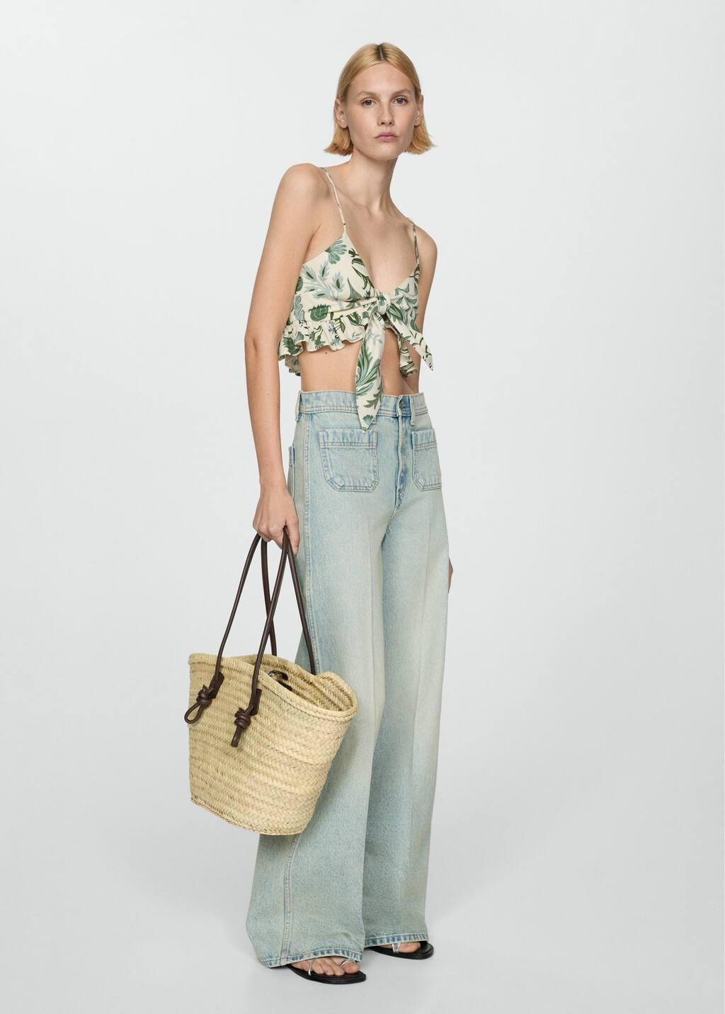 Beige Printed Crop Top With Bow, , large image number 1