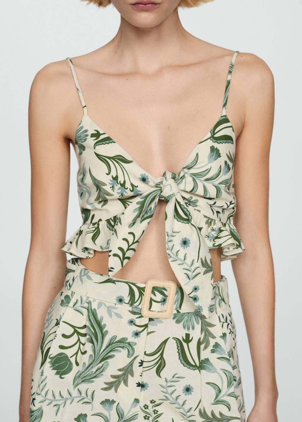 Beige Printed Crop Top With Bow, , large image number 2