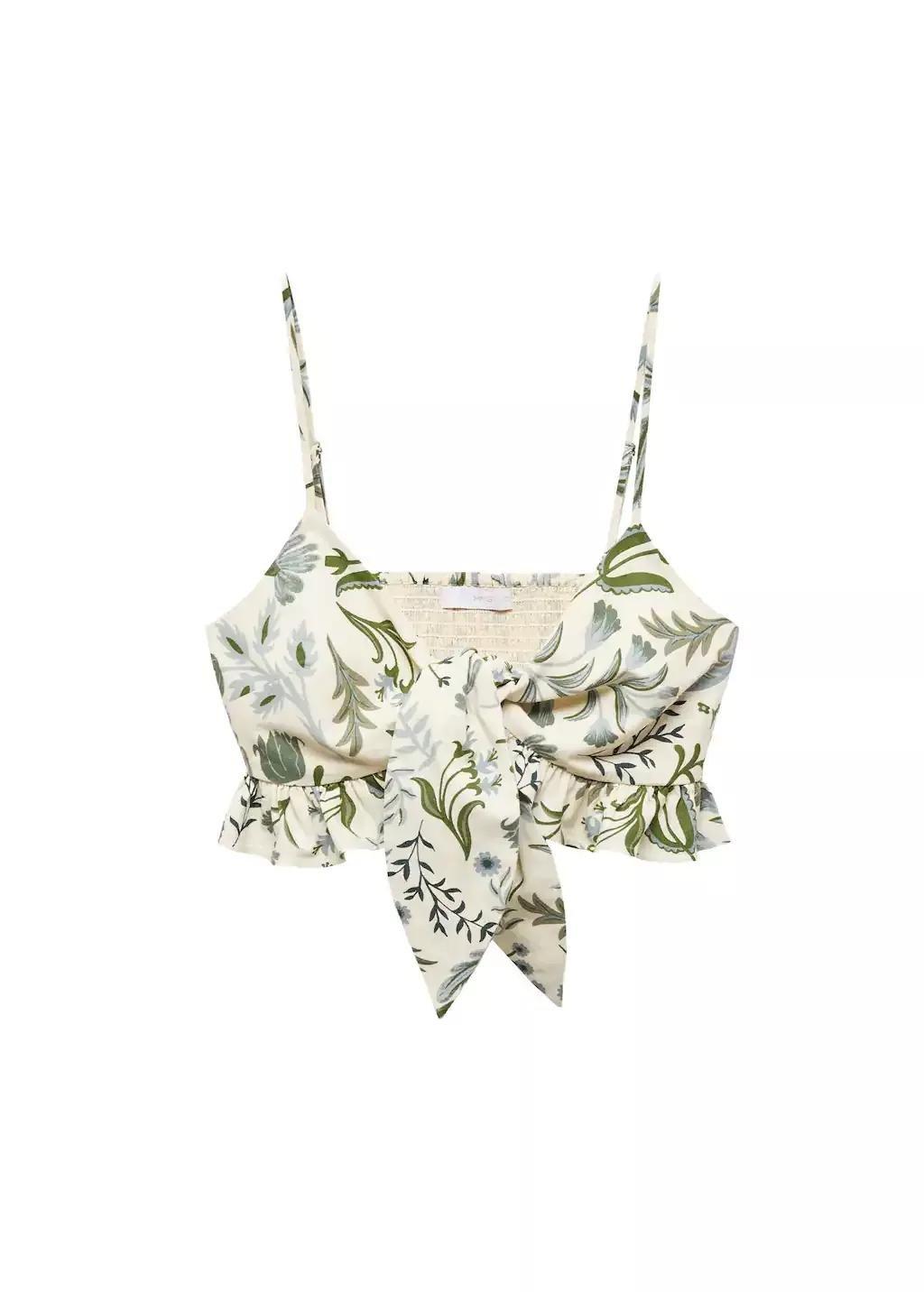 Beige Printed Crop Top With Bow, , large image number 3