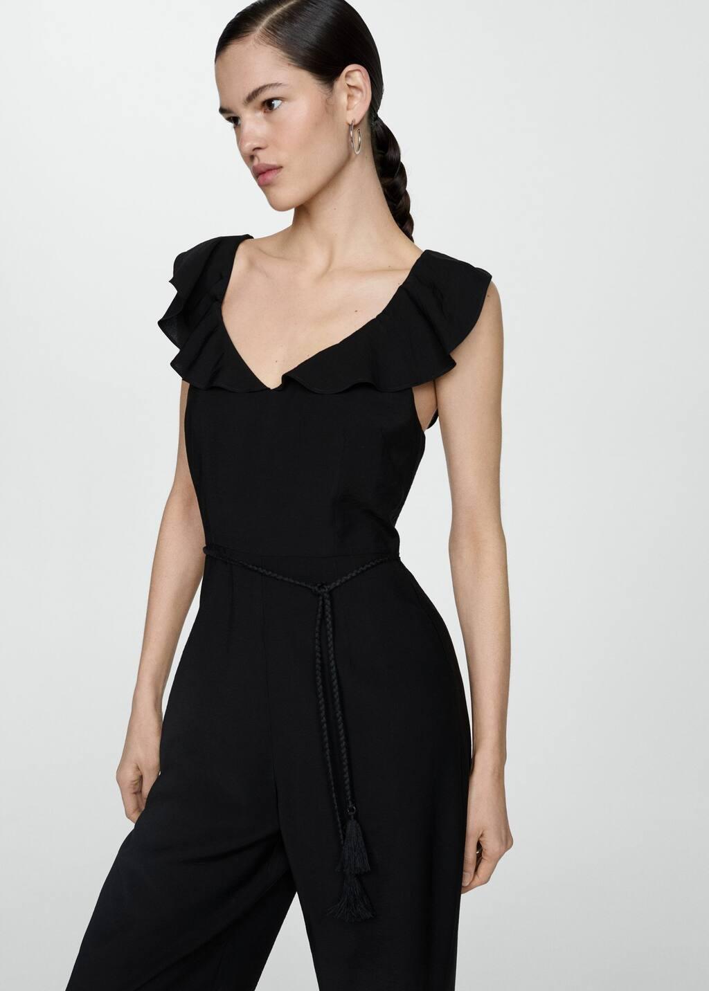 Black Long Jumpsuit With Tassel Belt, , large image number 0