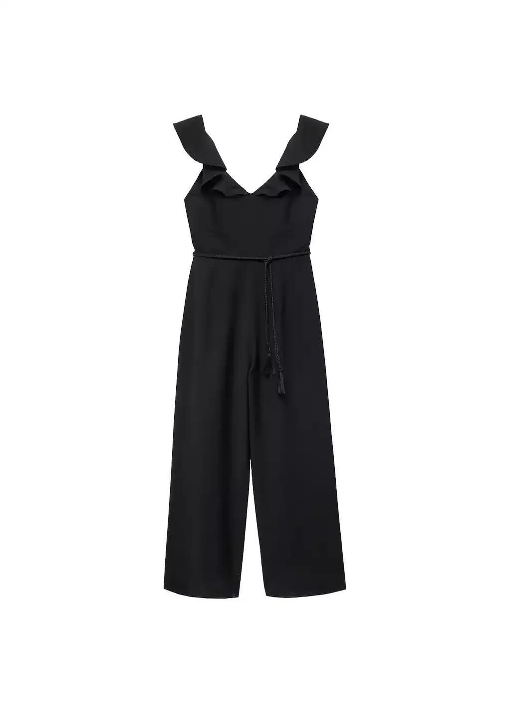 Black Long Jumpsuit With Tassel Belt, , large image number 3