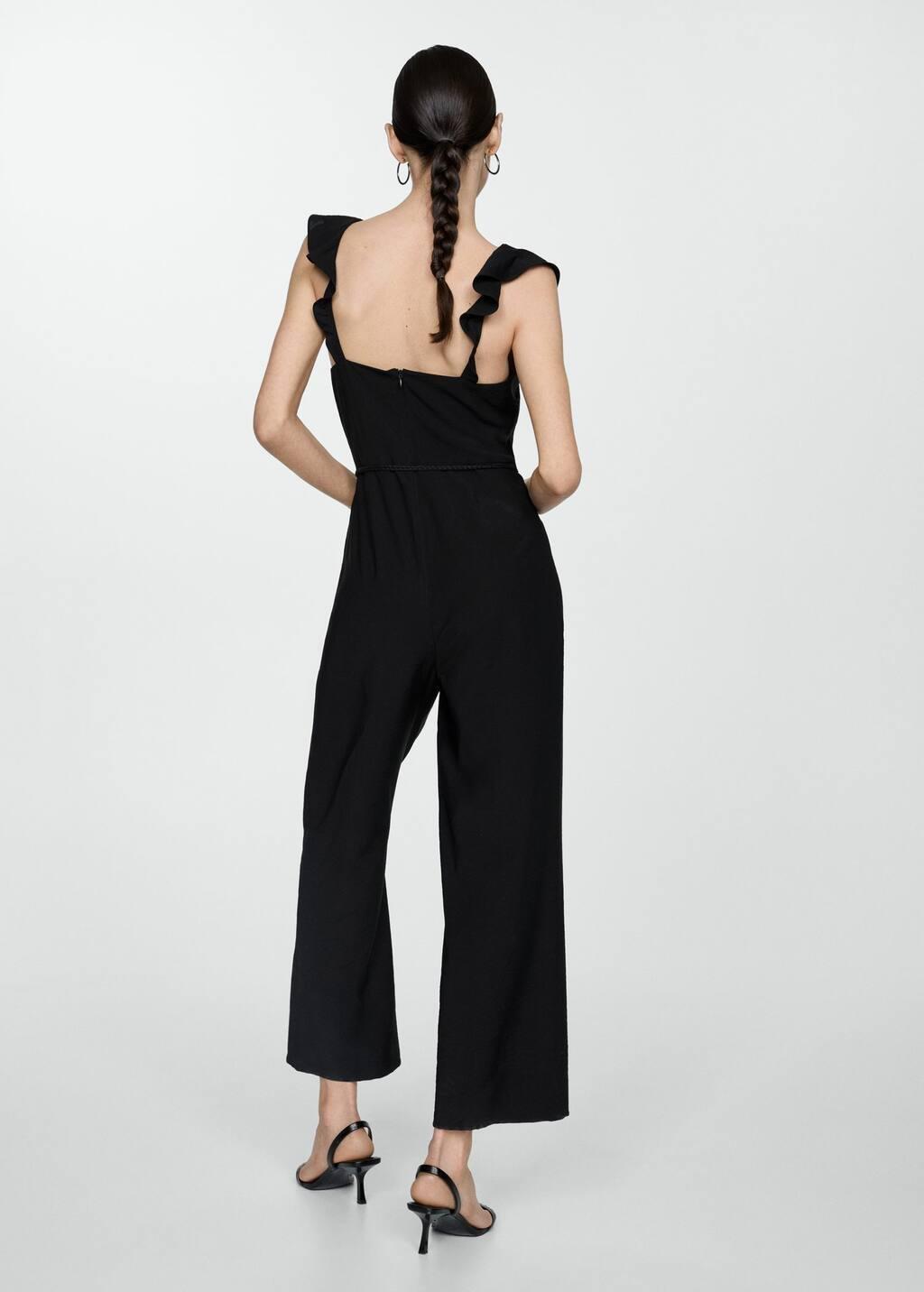 Black Long Jumpsuit With Tassel Belt, , large image number 4