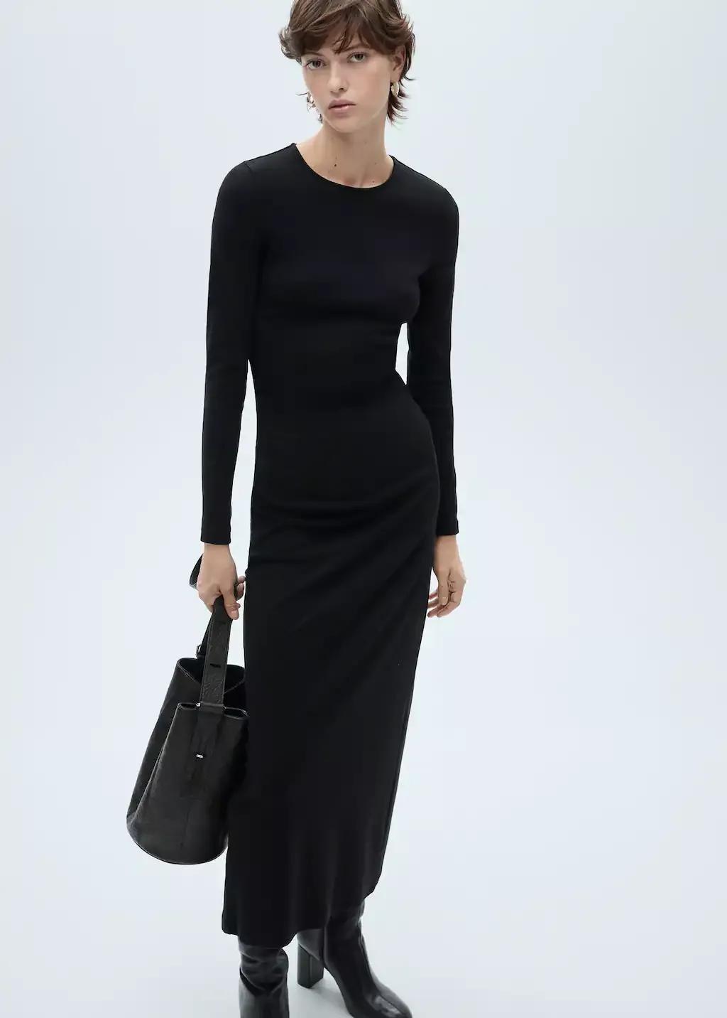 Black Cotton Midi Dress, , large image number 0
