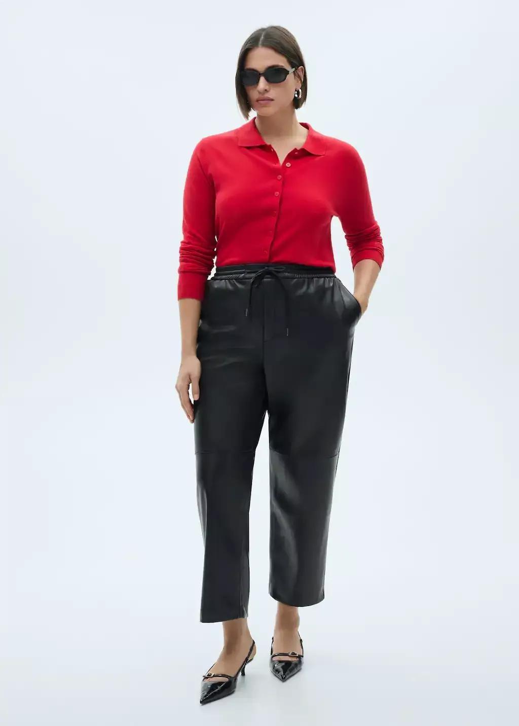 Black Pants With Stretch Waistband And Leather Effect, , large image number 2