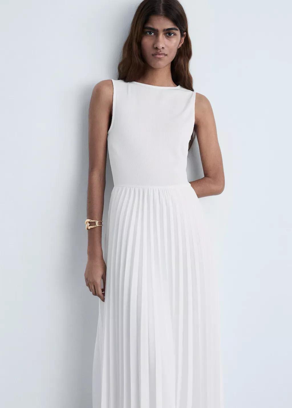 White Pleated Long Dress, , medium