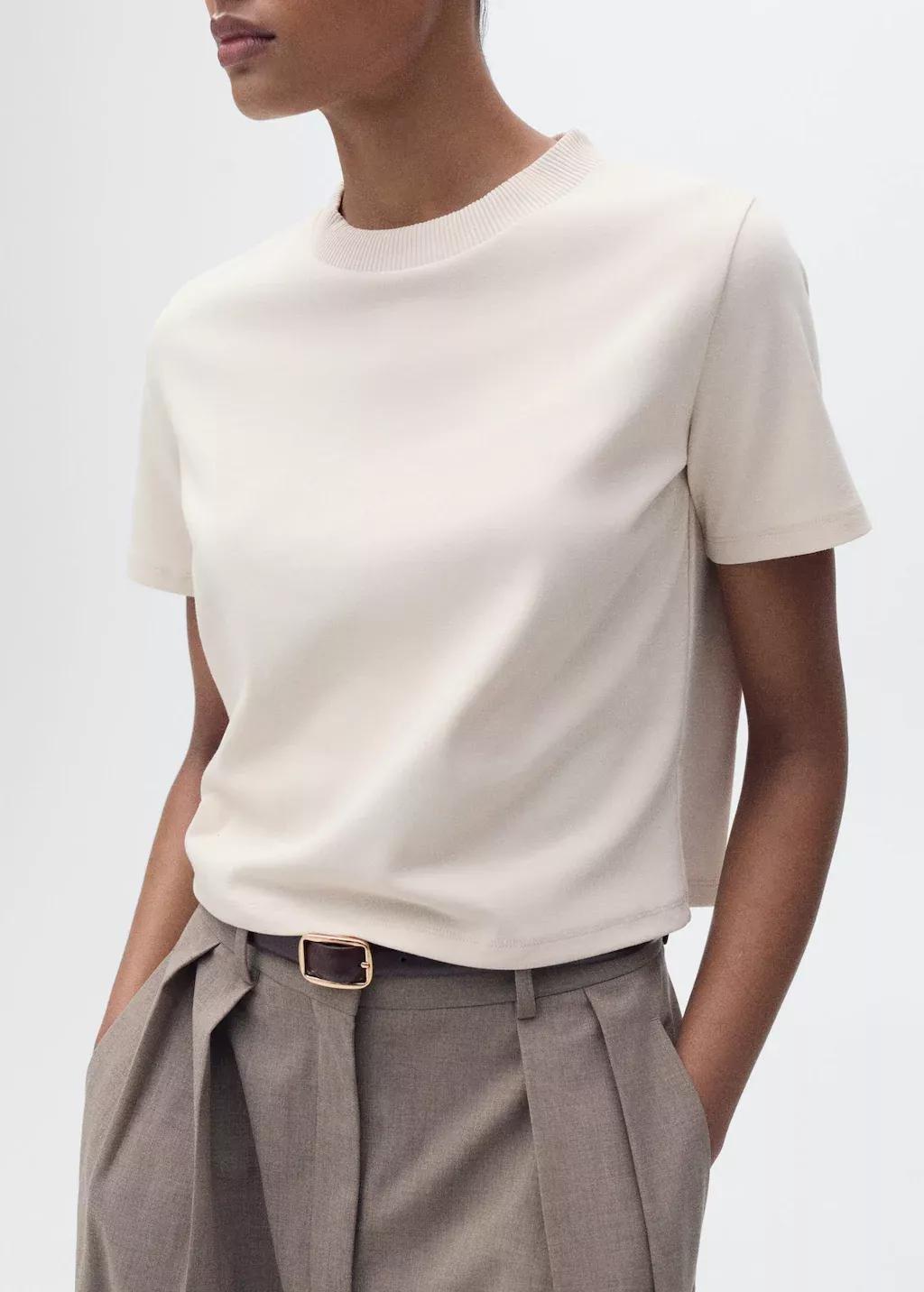 Beige Short Sleeve Cotton Blend T-Shirt, , medium