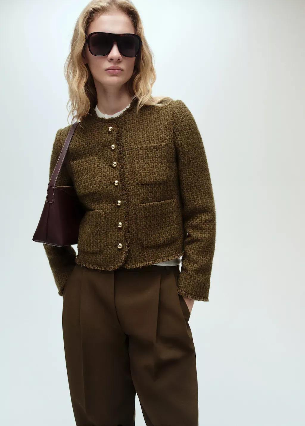 Beige - Khaki Tweed Jacket With Jewel Buttons, , large image number 0