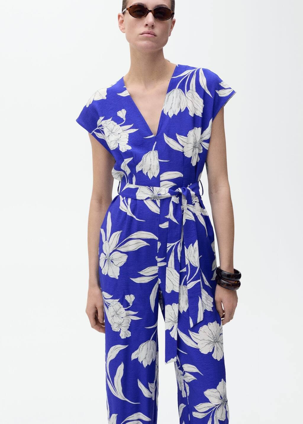 MEDIUM BLUE Long cropped jumpsuit with belt, , large image number 0