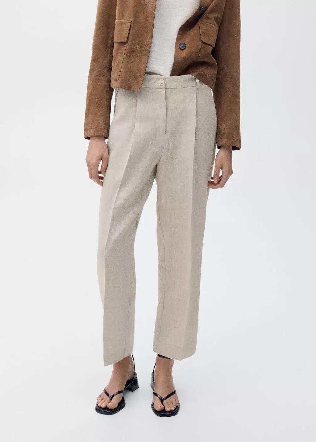Beige Straight-Fit Linen Trousers With Pleat Detail, 0201_08, medium