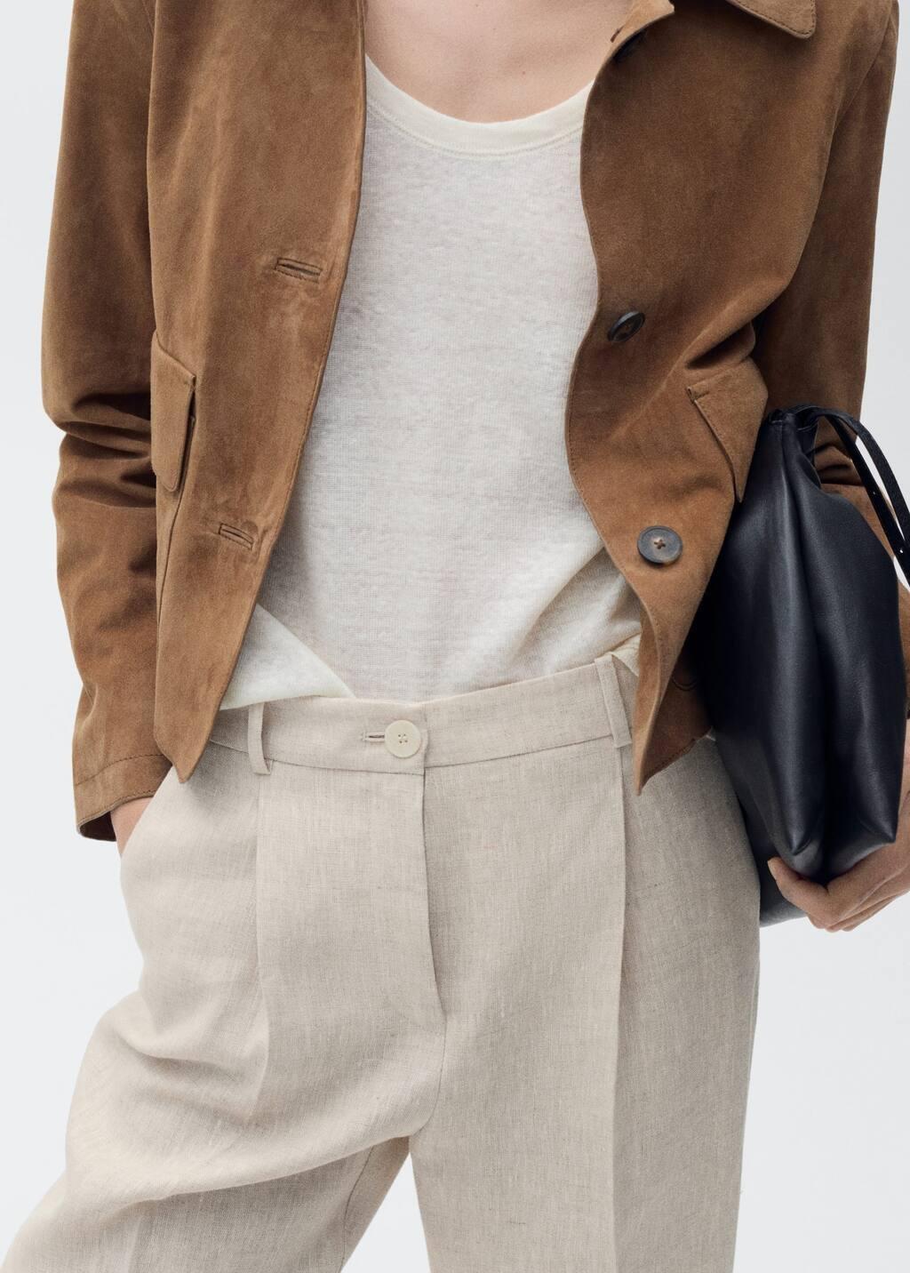Beige Straight-Fit Linen Trousers With Pleat Detail, 0201_08, large image number 1