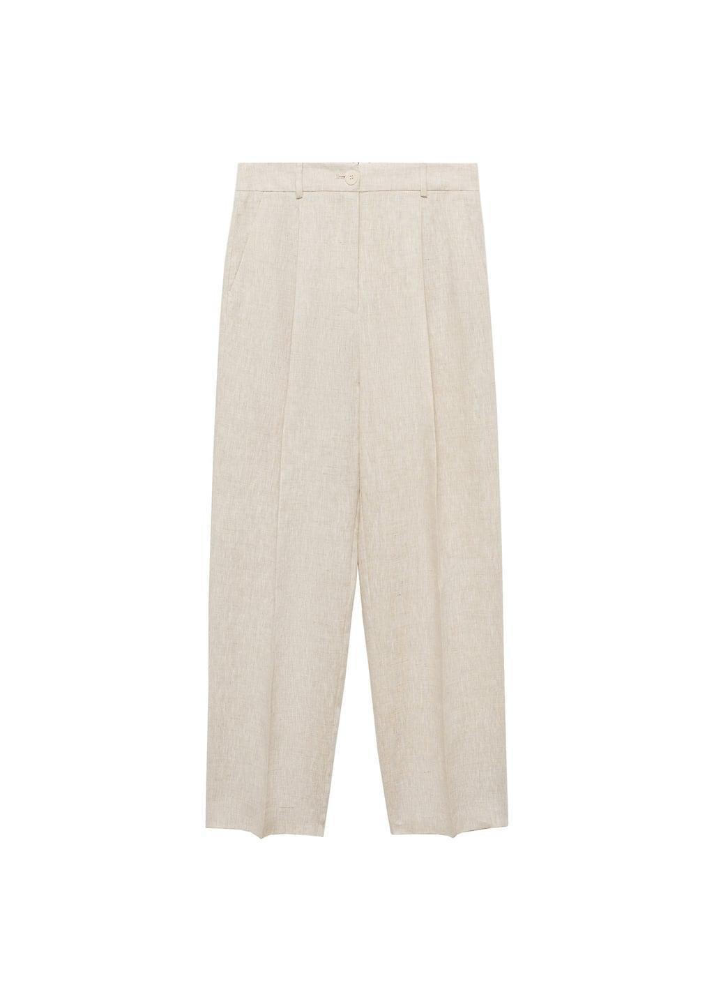 Beige Straight-Fit Linen Trousers With Pleat Detail, 0201_08, large image number 3