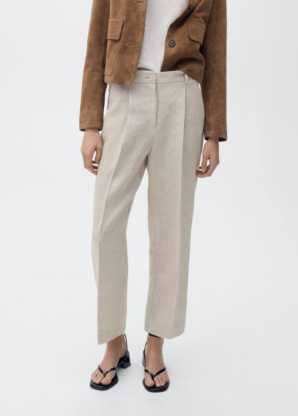 Beige Straight-Fit Linen Trousers With Pleat Detail, 0201_08, large image number 6