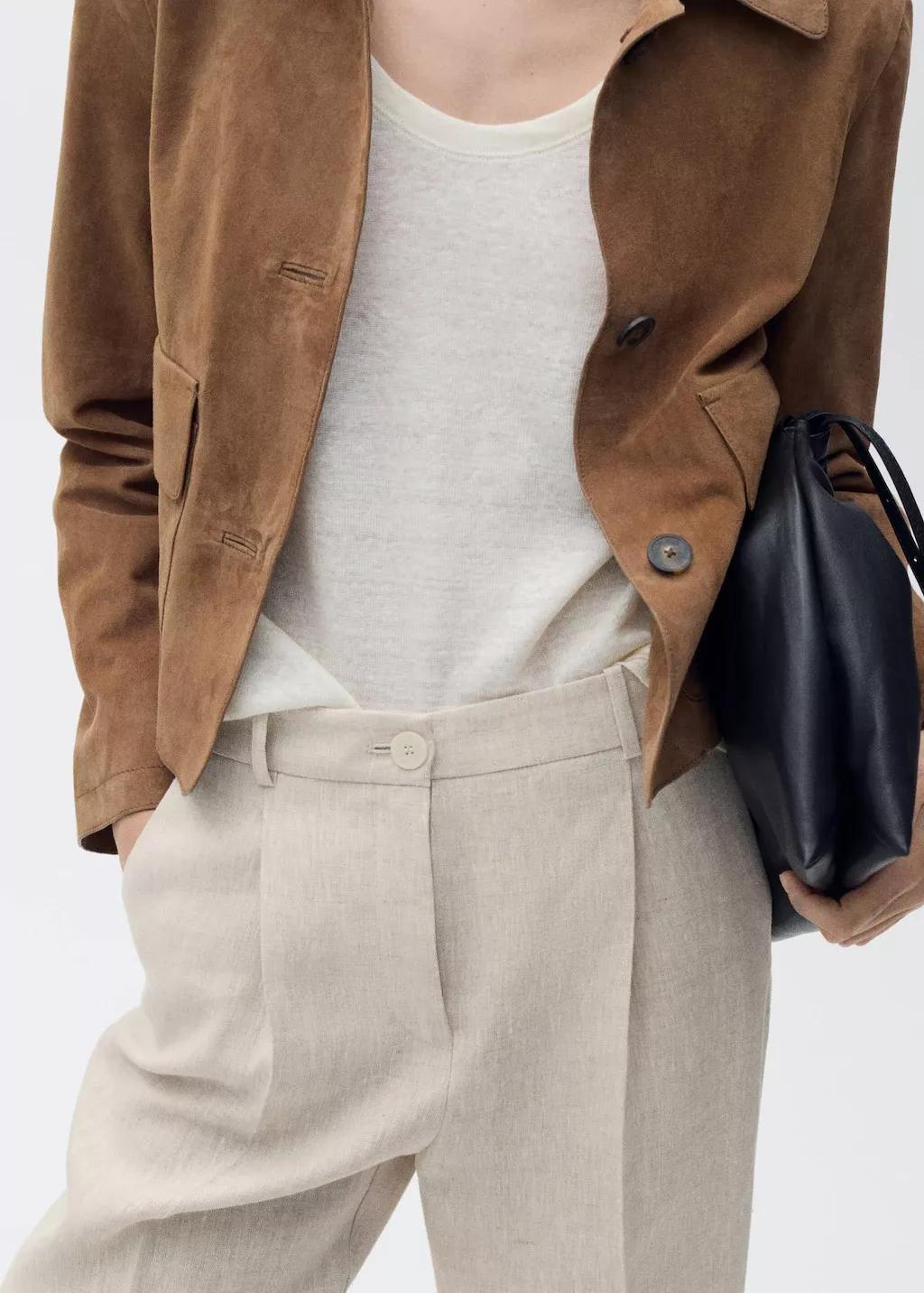 Beige Straight-Fit Linen Trousers With Pleat Detail, 0201_08, large image number 8