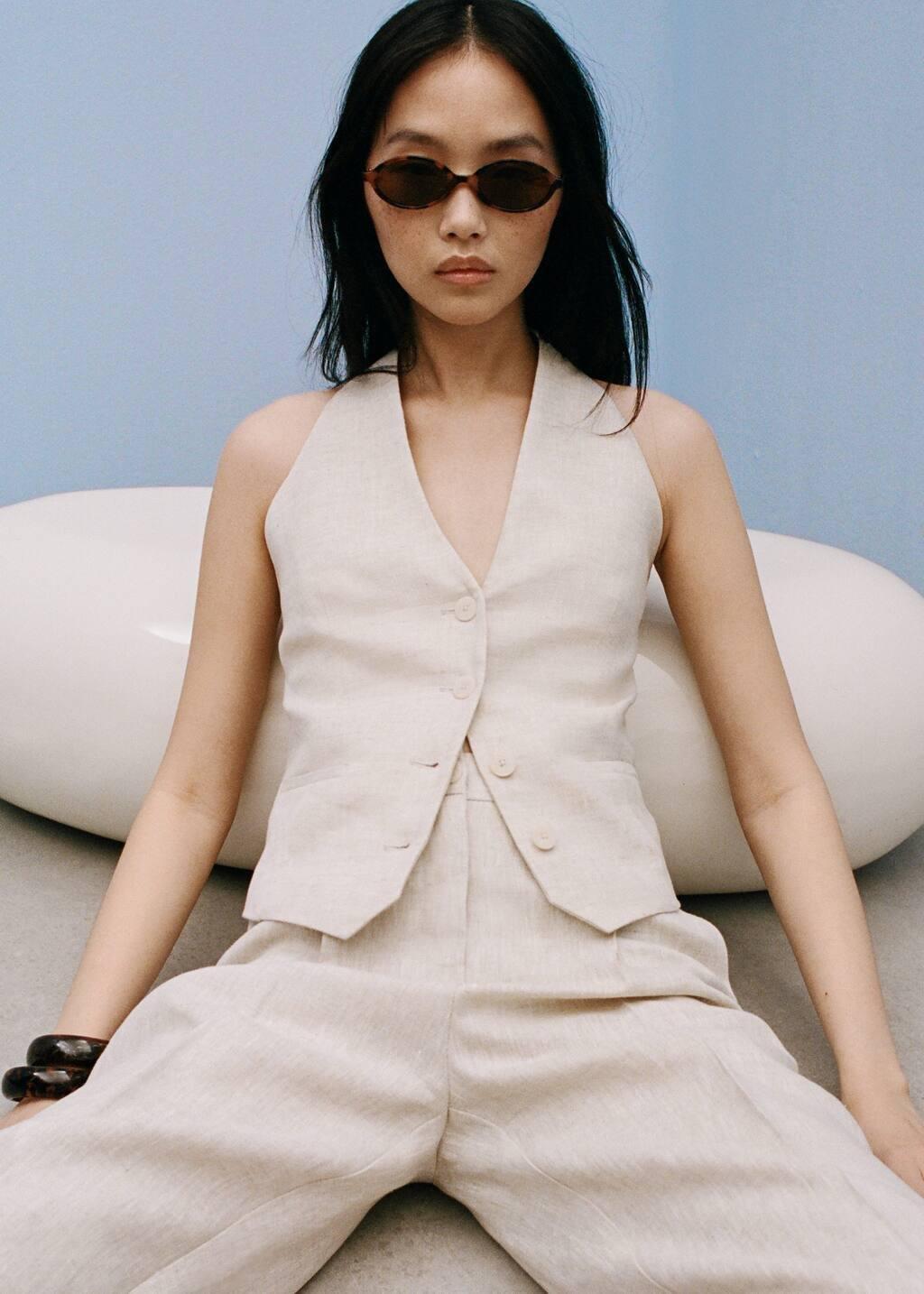 Beige Straight-Fit Linen Trousers With Pleat Detail, 0201_08, large image number 9