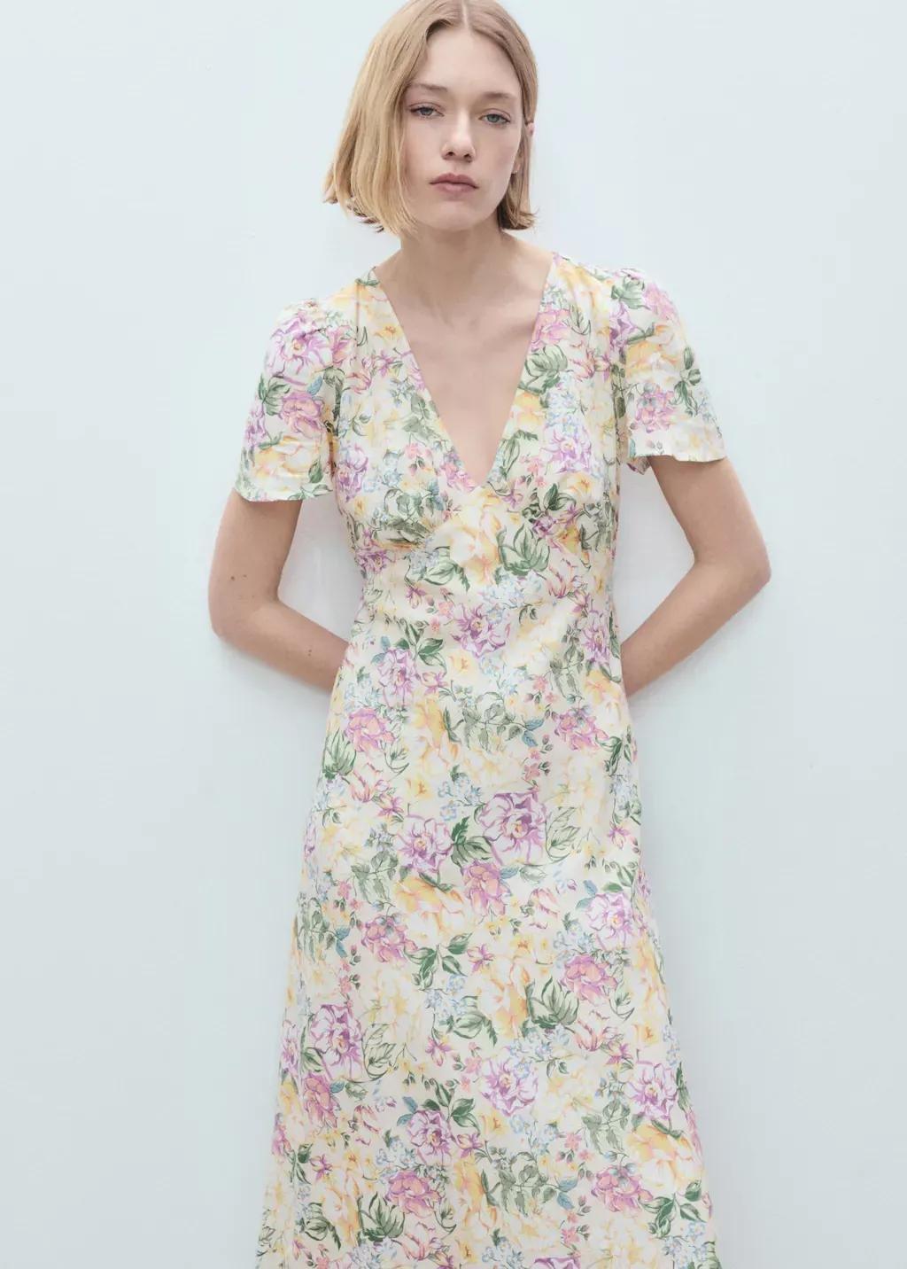 Beige Floral Linen-Blend Dress, , large image number 0