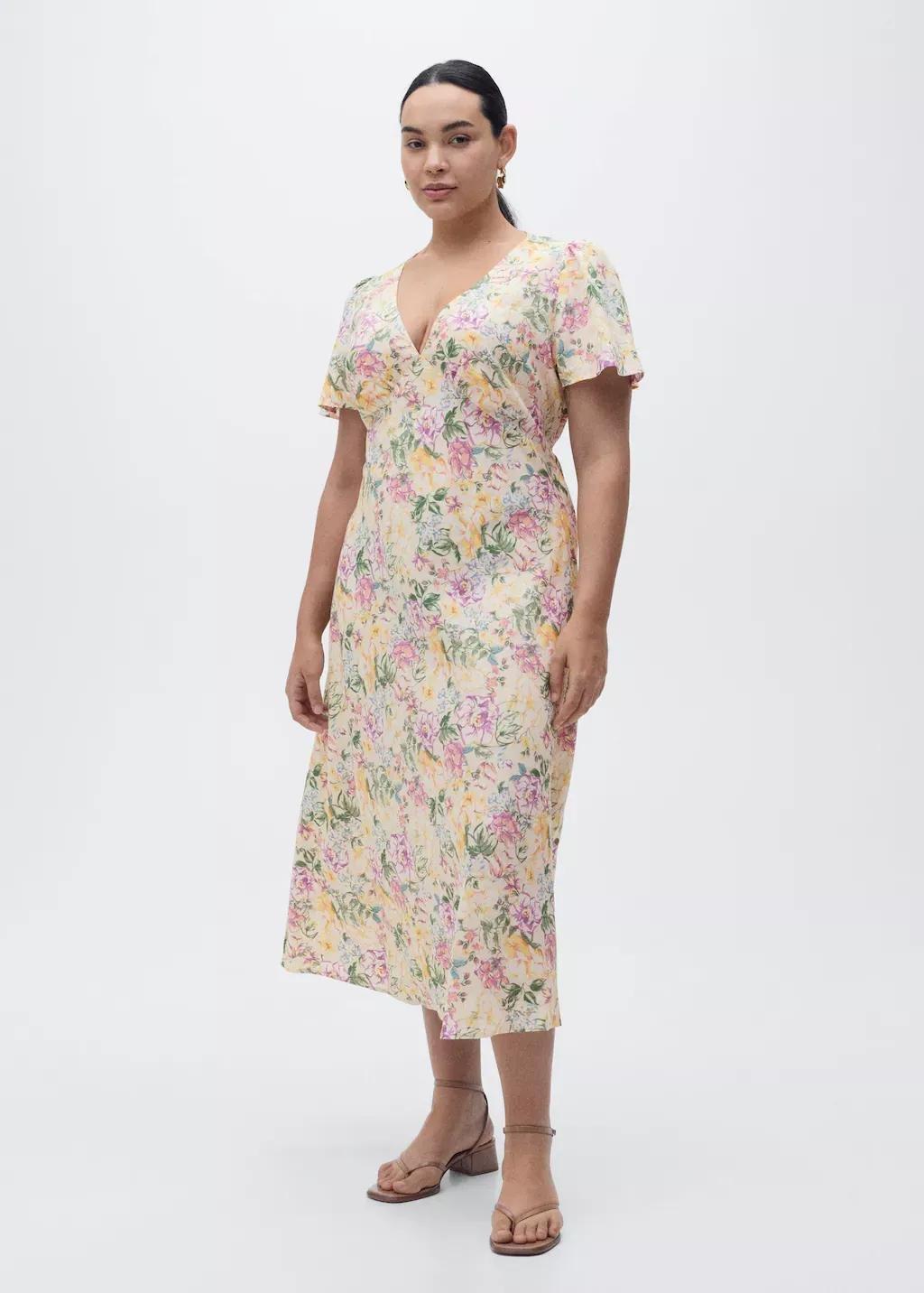 Beige Floral Linen-Blend Dress, , large image number 2