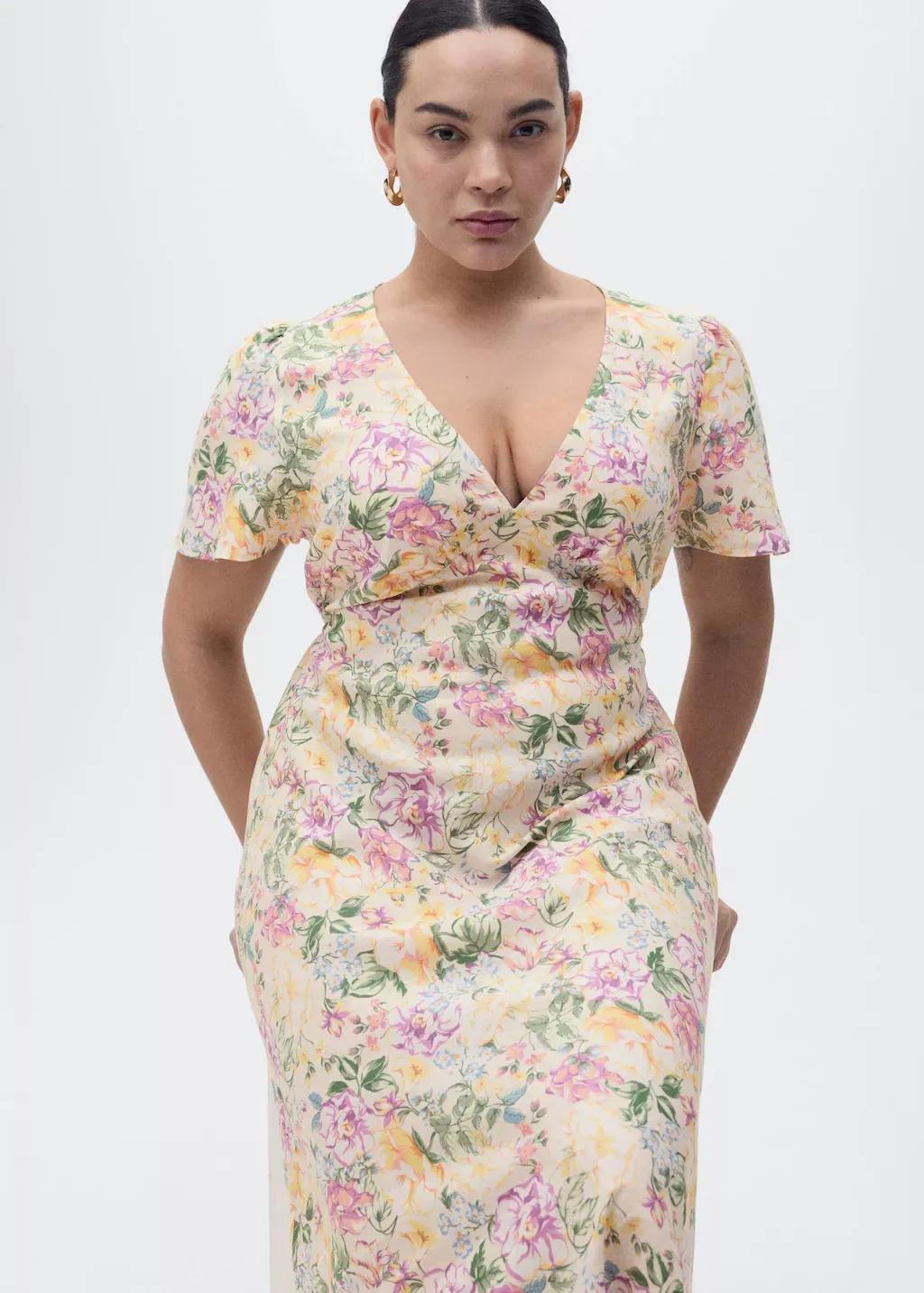 Beige Floral Linen-Blend Dress, , large image number 5
