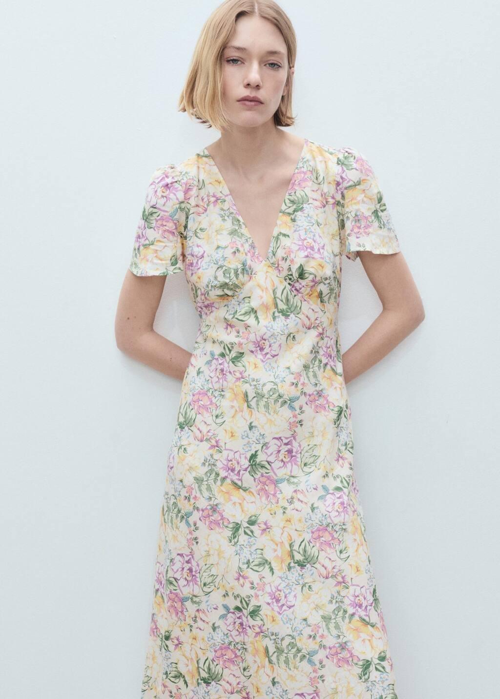 Beige Floral Linen-Blend Dress, , large image number 8