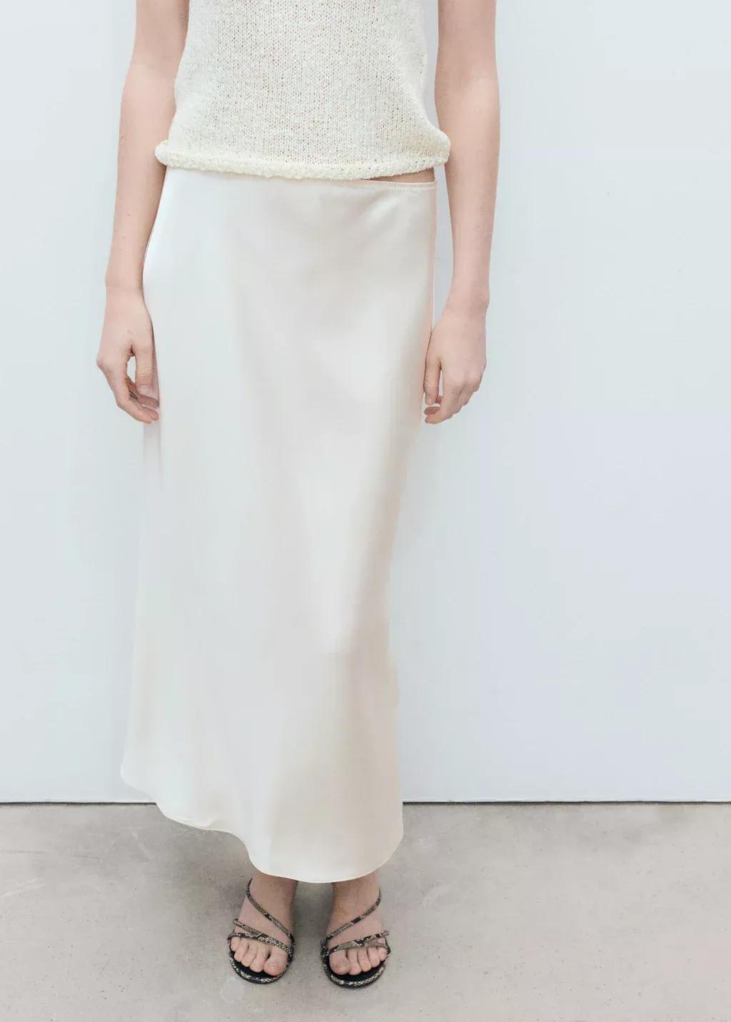 Beige Midi Satin Skirt, , large image number 6