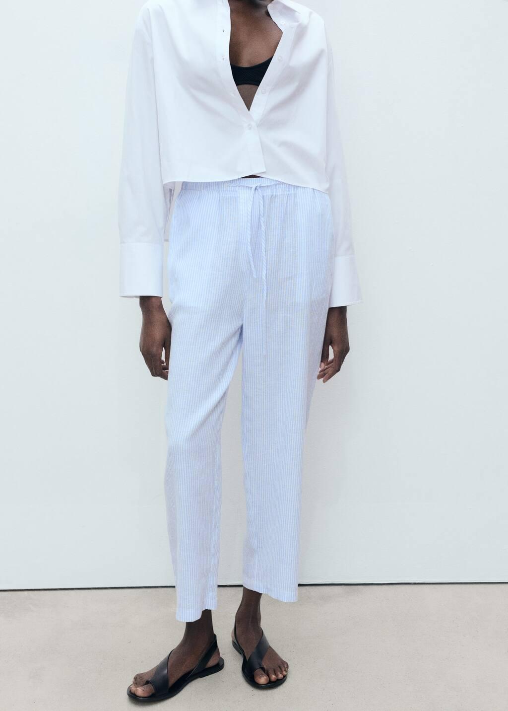 Blue Lt Pastel Straight Linen-Blend Trousers, , large image number 5
