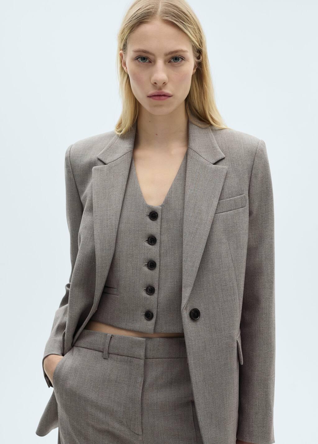 Grey Straight Blazer With Flap Pockets, , large image number 2