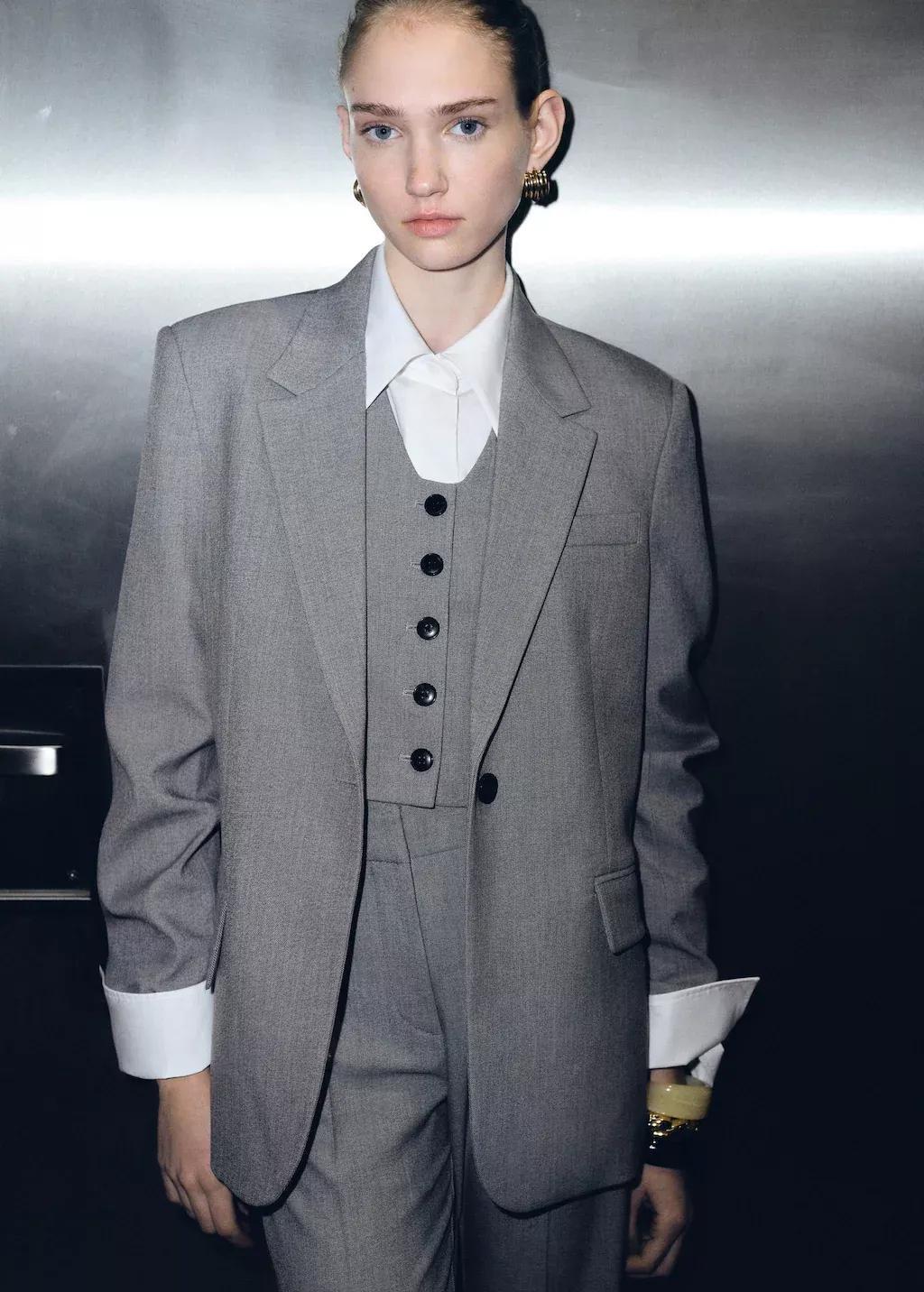 Grey Straight Blazer With Flap Pockets, , large image number 5