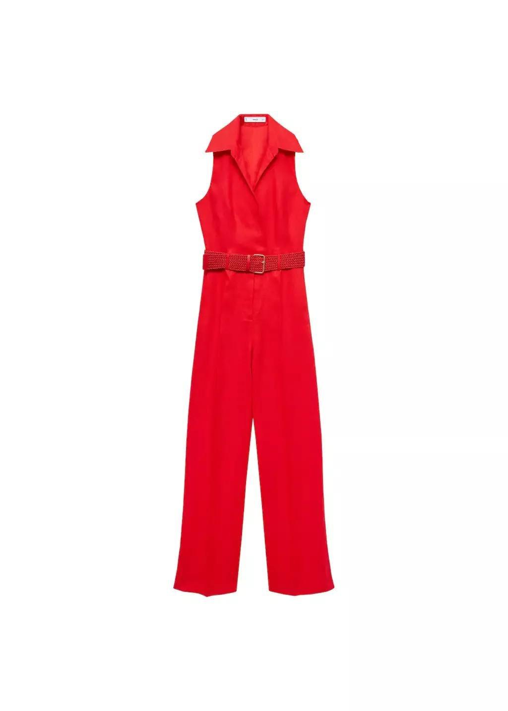 Red Belted Linen Shirt Jumpsuit, , medium