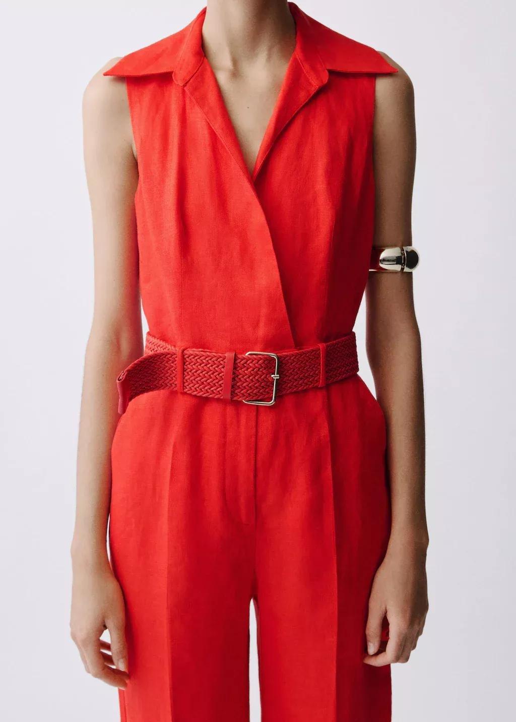 Red Belted Linen Shirt Jumpsuit, , large image number 1