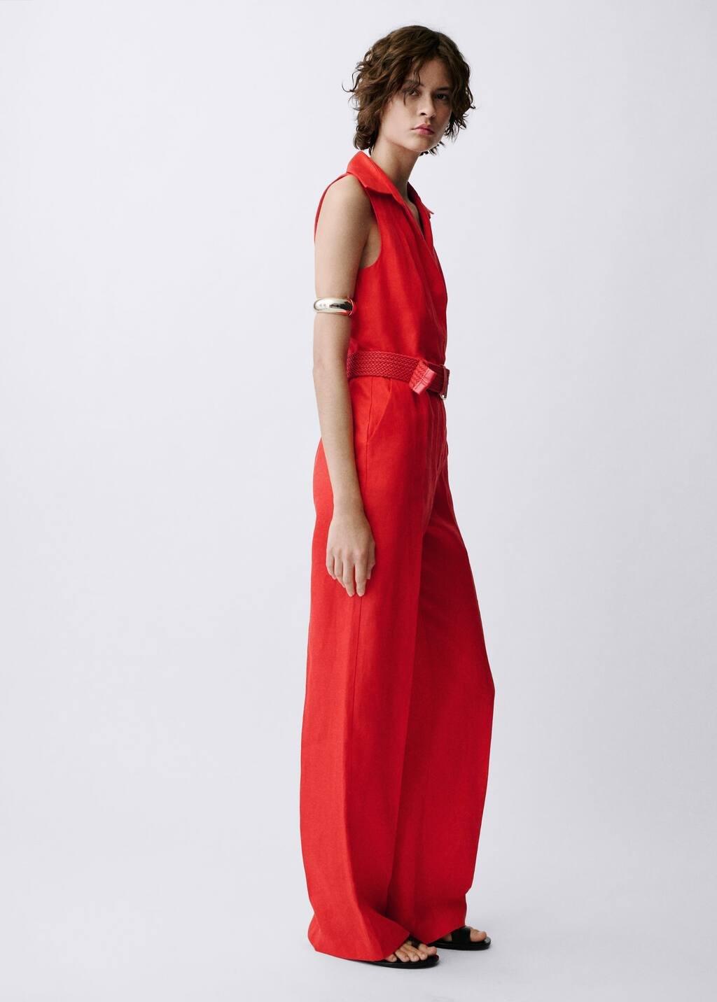 Red Belted Linen Shirt Jumpsuit, , large image number 2