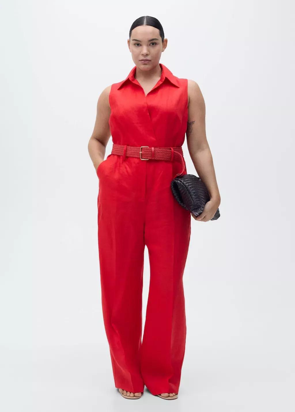 Red Belted Linen Shirt Jumpsuit, , large image number 3