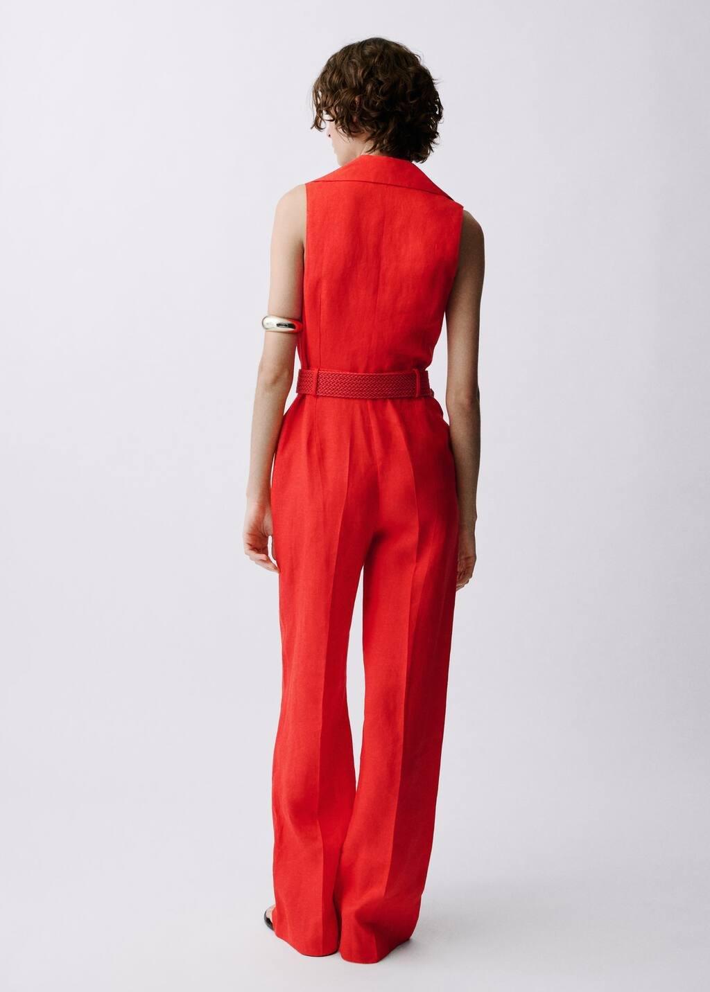 Red Belted Linen Shirt Jumpsuit, , large image number 5