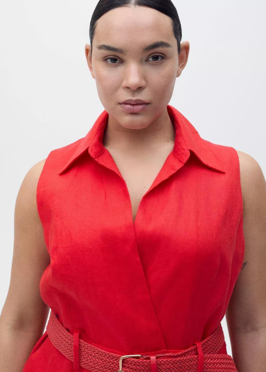 Red Belted Linen Shirt Jumpsuit, , large image number 6