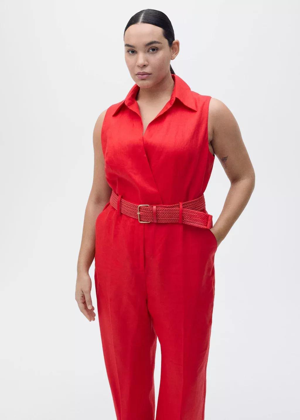 Red Belted Linen Shirt Jumpsuit, , large image number 7