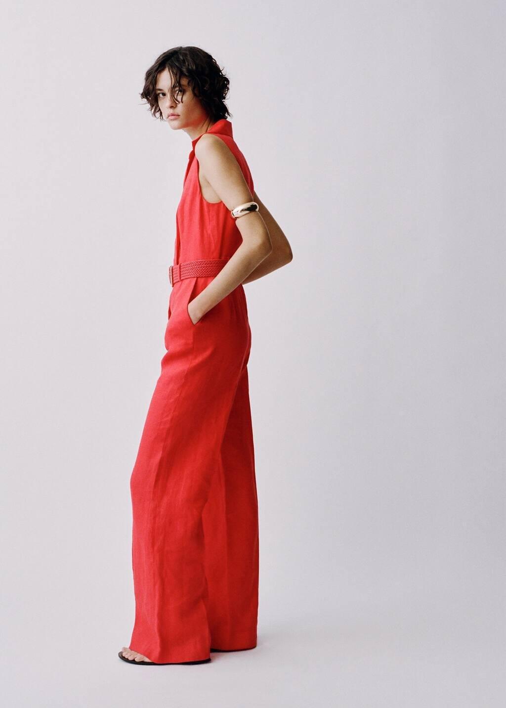 Red Belted Linen Shirt Jumpsuit, , large image number 8