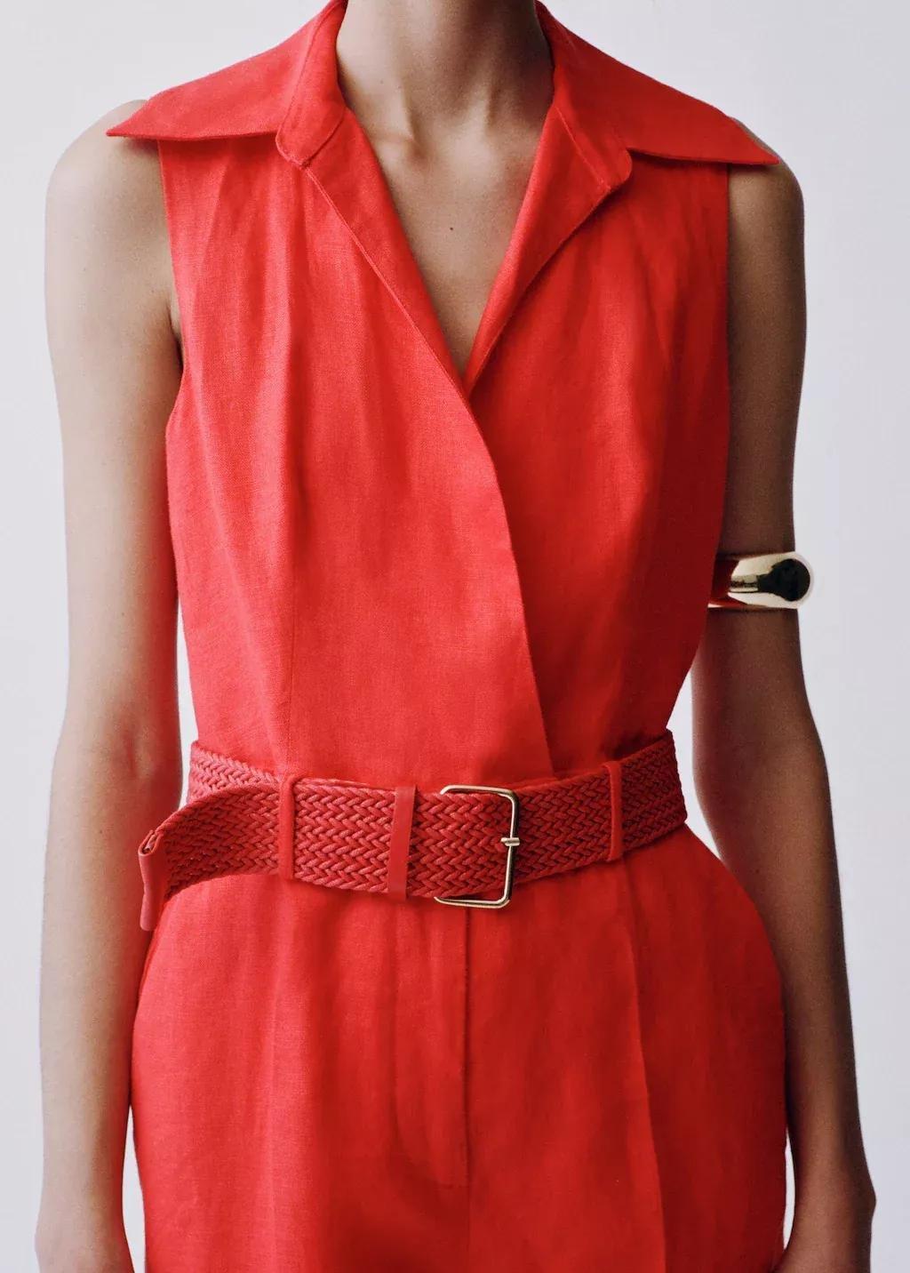 Red Belted Linen Shirt Jumpsuit, , large image number 9
