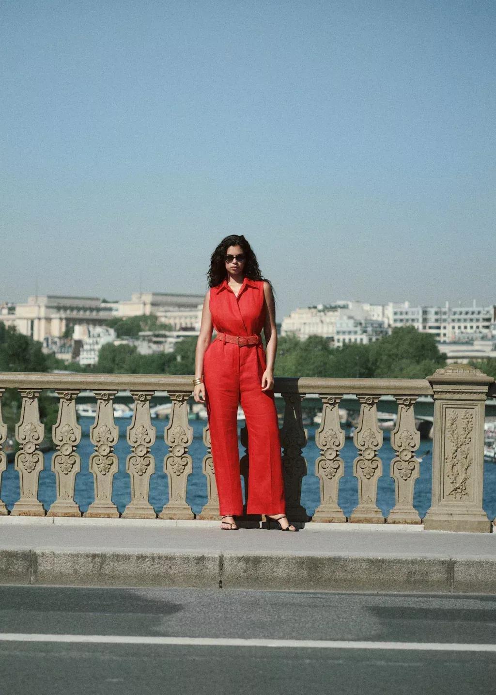 Red Belted Linen Shirt Jumpsuit, , large image number 9