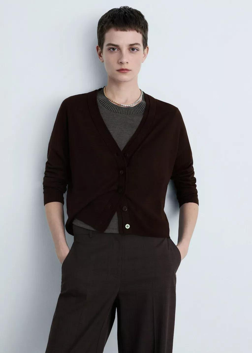 Brown V-Neck Knitted Cardigan, , large image number 0