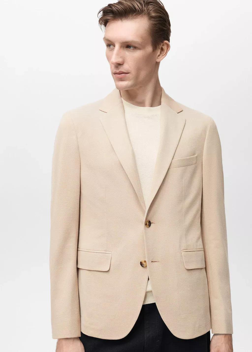 Beige Slim Fit Cotton Blazer, , large image number 0