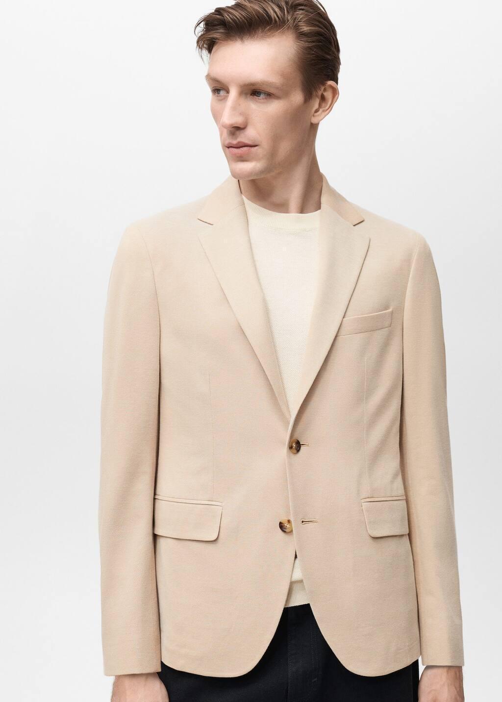 Beige Slim Fit Cotton Blazer, , large image number 6