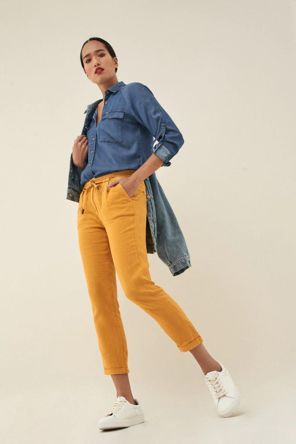 Yellow Linen Joggers, , large image number 1