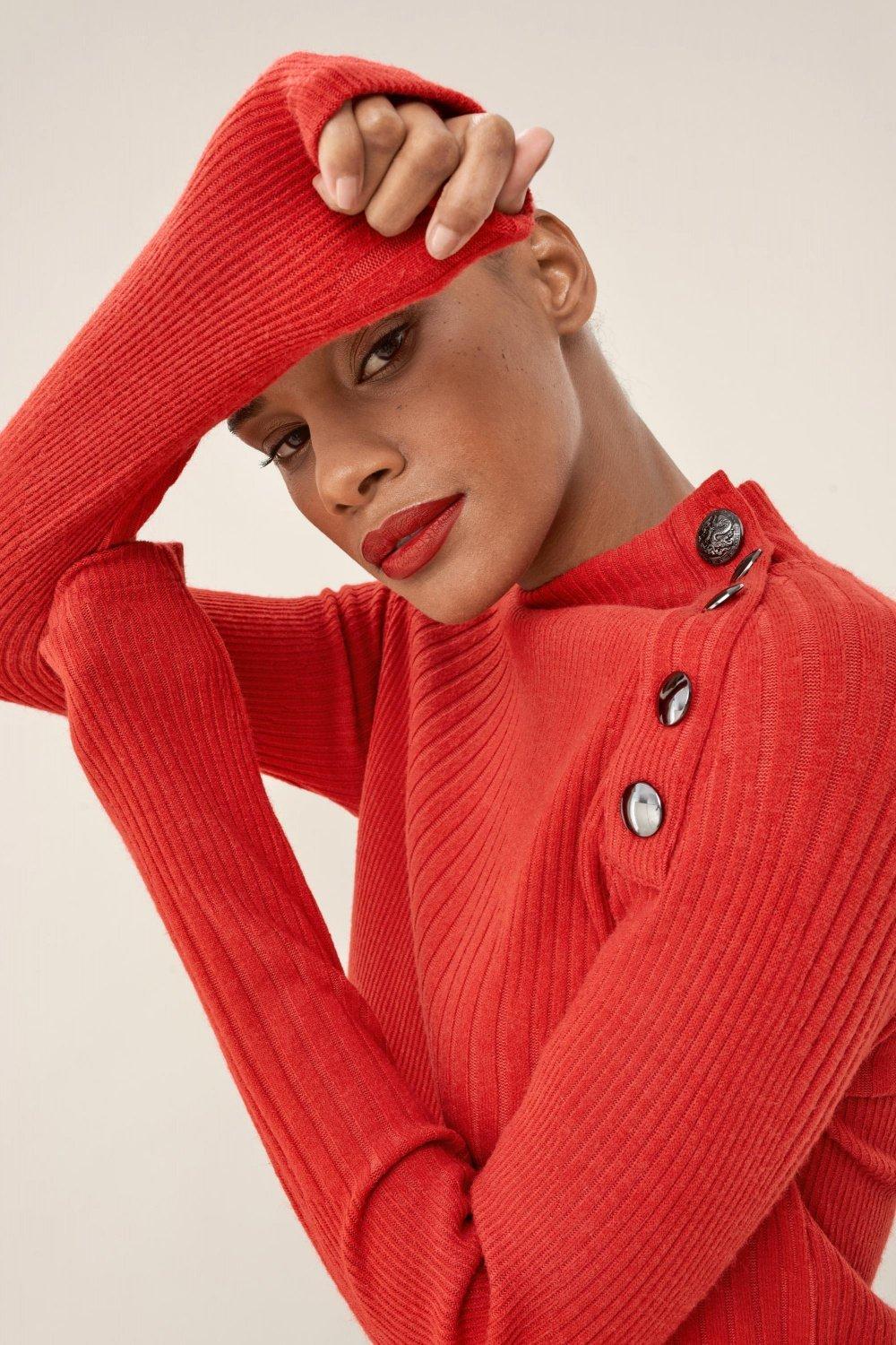 Red Shirt With A High Collar And Button Details, Women, Red, large image number 4