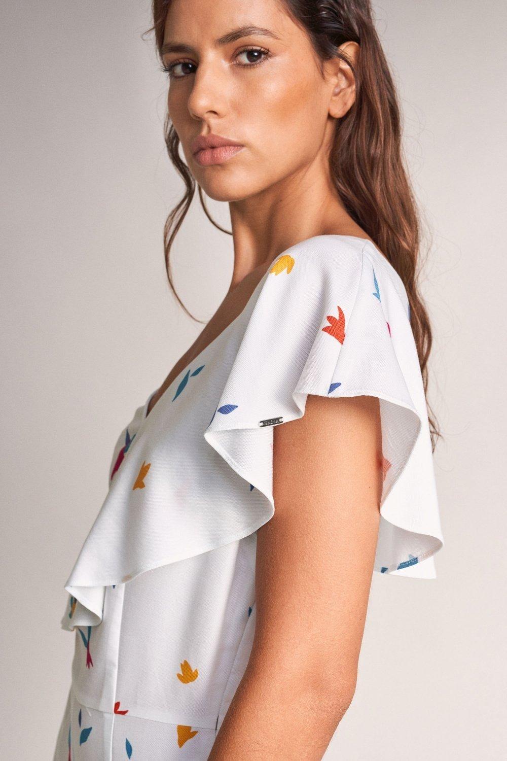 White Floral Asymmetric Short Jumpsuit, , large image number 5