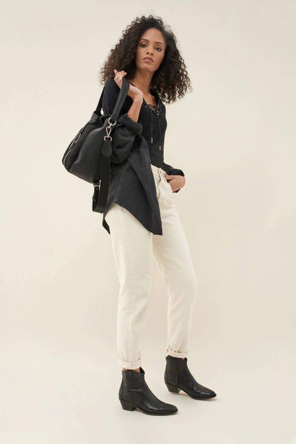 Black Leather Bag With Panel, Black, large image number 0