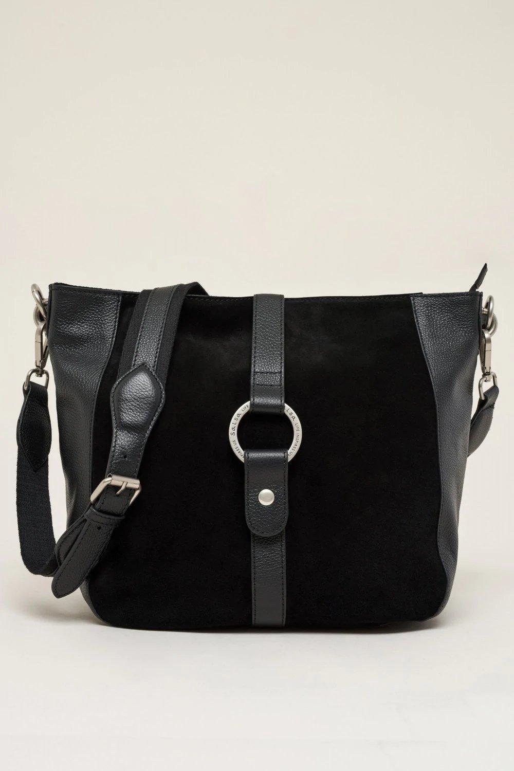 Black Leather Bag With Panel, Black, large image number 1