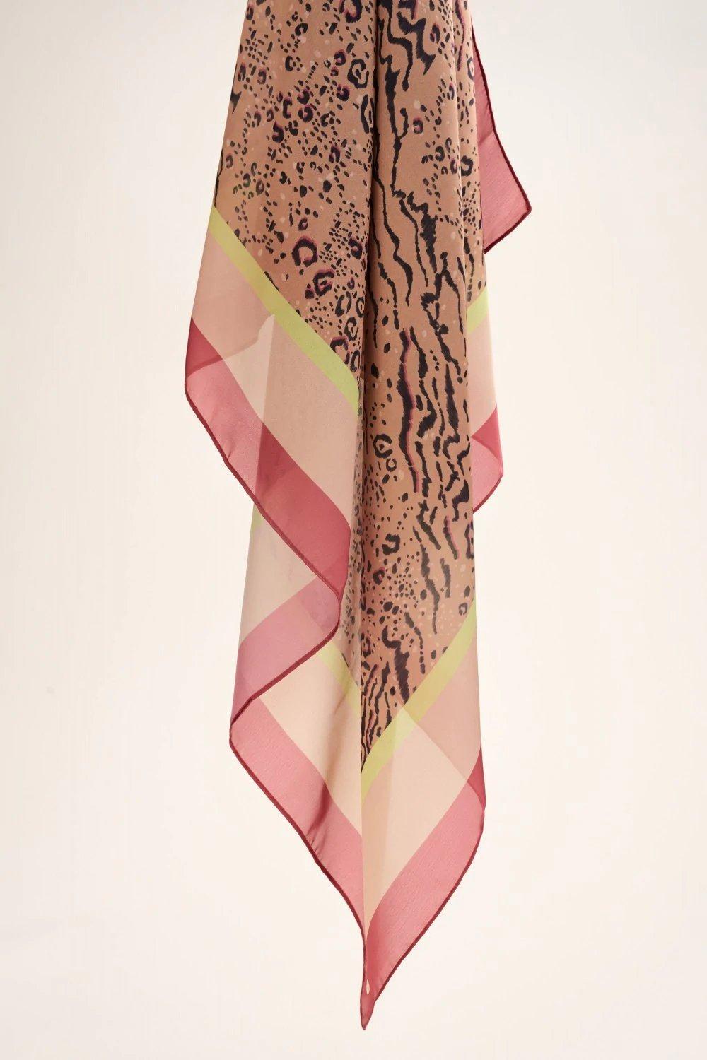 Beige Animal Print Scarf With Neon Strip, Women, Camel, large image number 0